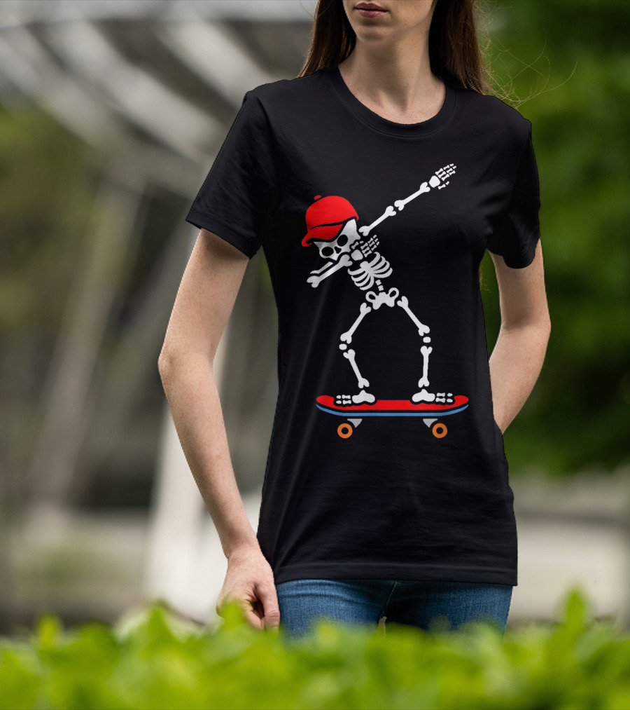 Dabbing Skeleton In Red Cap On Skateboard T-Shirt