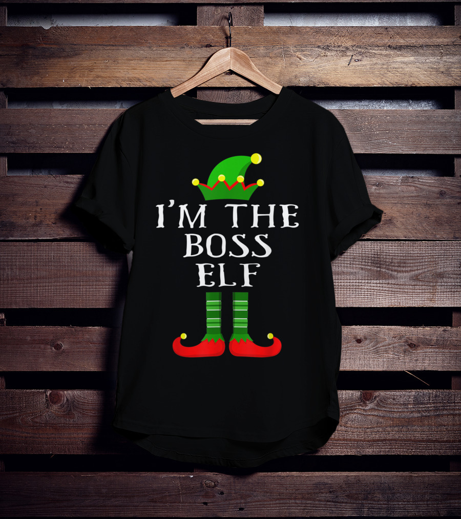 I'm The Boss Elf Christmas Humor Green Hat Striped Socks Red Shoes T-Shirt