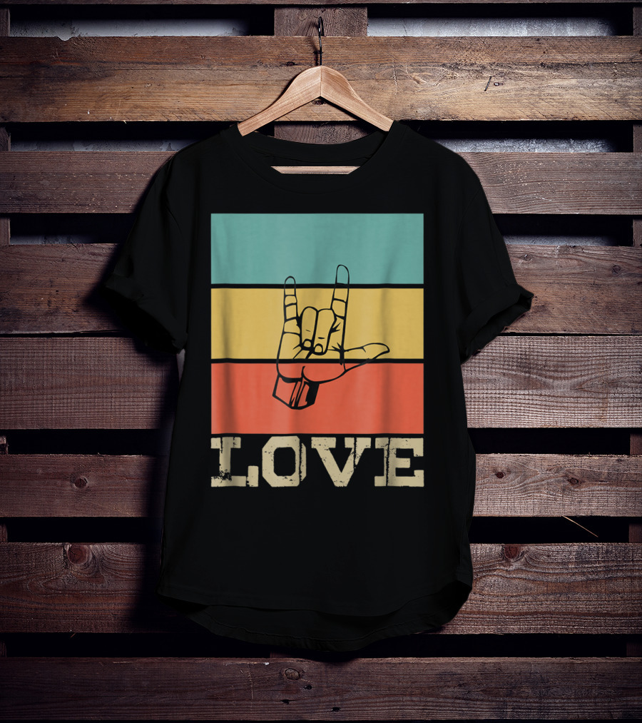 ASL Love Vintage Hand Sign Retro Color Blocks T-Shirt