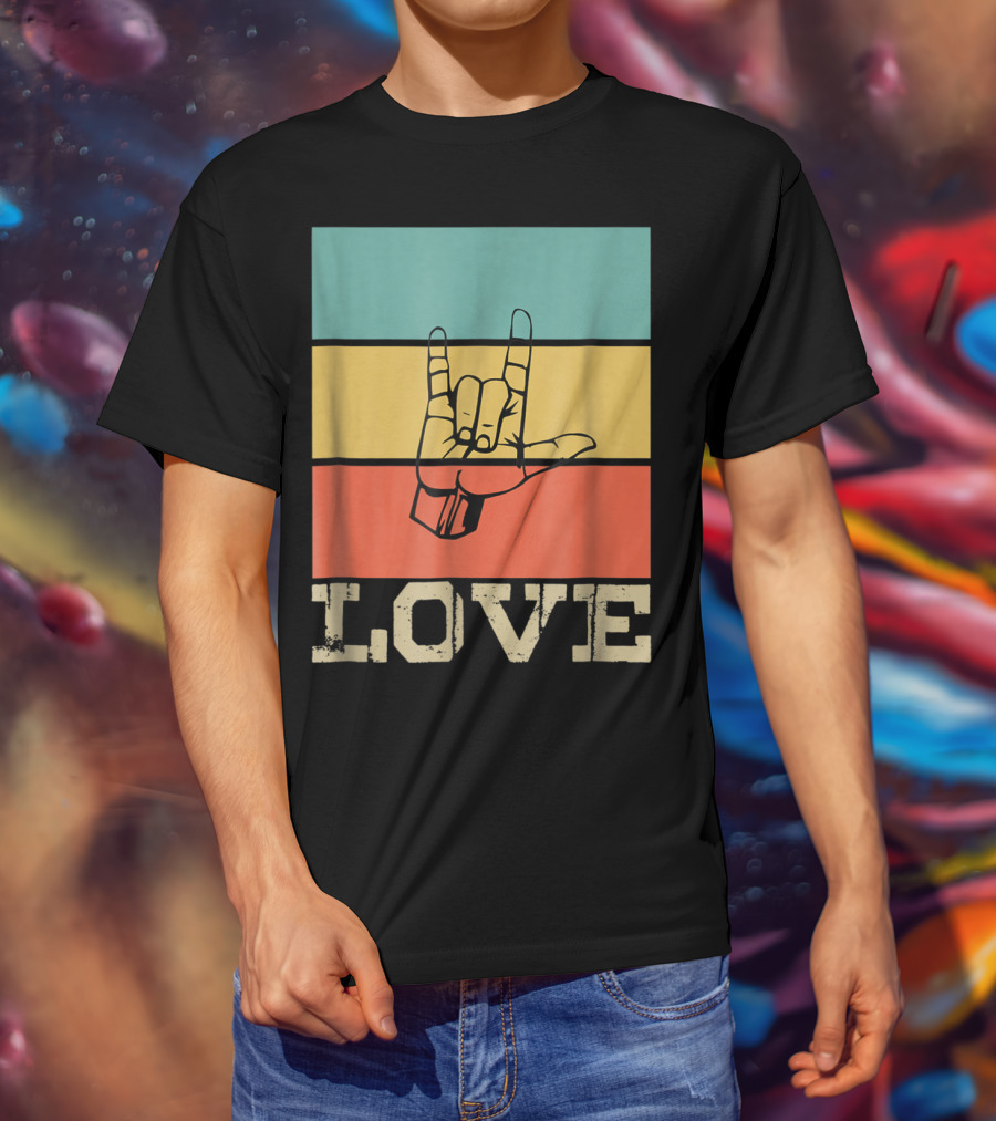 ASL Love Vintage Hand Sign Retro Color Blocks T-Shirt