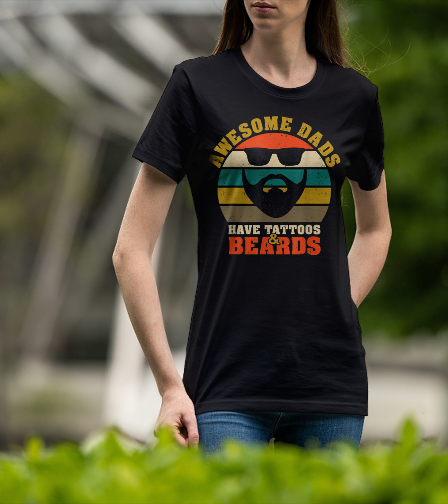 Awesome Dads Have Tattoos And Beards Retro Stripes Beard Sunglasses T-Shirt