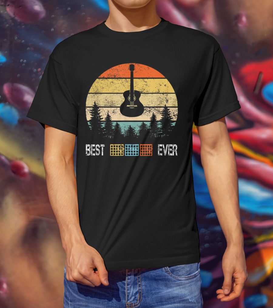 Best Guitar Chords Dad Ever Retro Sunset Forest T-Shirt