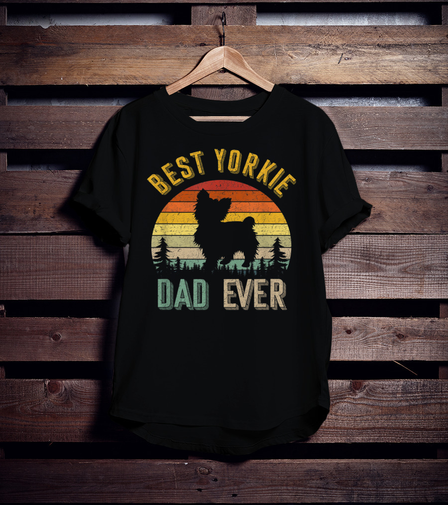Best Yorkie Dad Ever Vintage 70s Retro Sunset Silhouette Pines T-Shirt