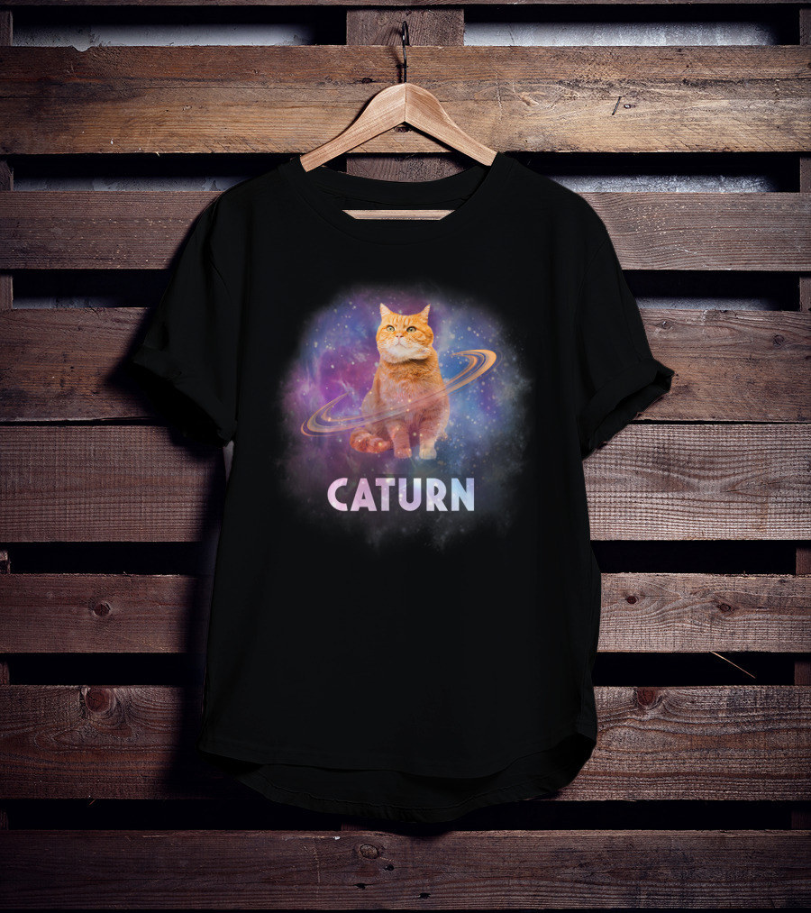 Caturn Cosmic Feline In Galaxy T-Shirt