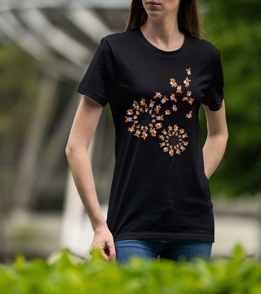 Corgi Dandelion Flower Pattern Multiple Corgis T-Shirt