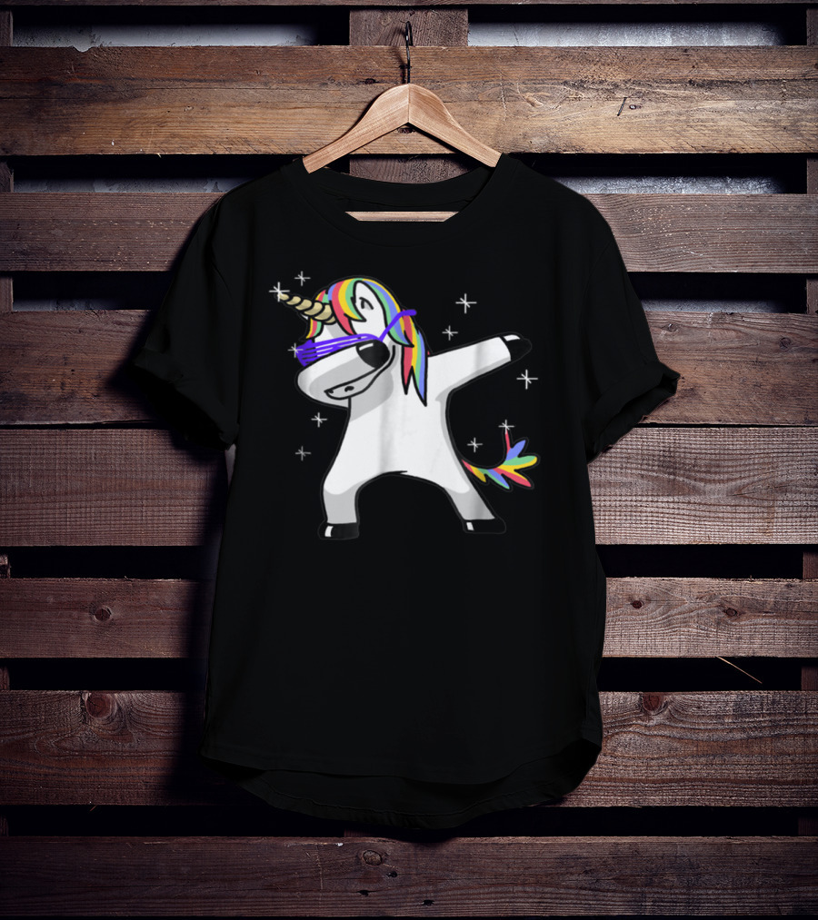 Rainbow Dabbing Unicorn With Sunglasses And Stars T-Shirt