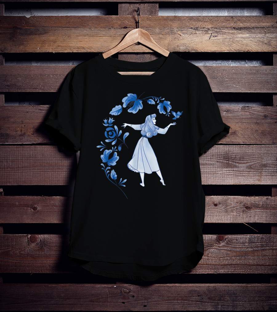 Disney Sleeping Beauty Princess Aurora With Blue Flowers And Bird T-Shirt