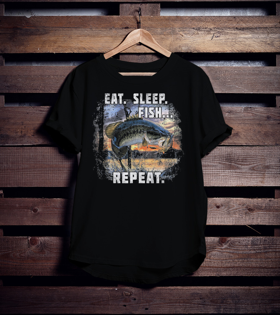 Eat Sleep Fish Repeat Bass Fishing Adventure Lake Sunrise T-Shirt