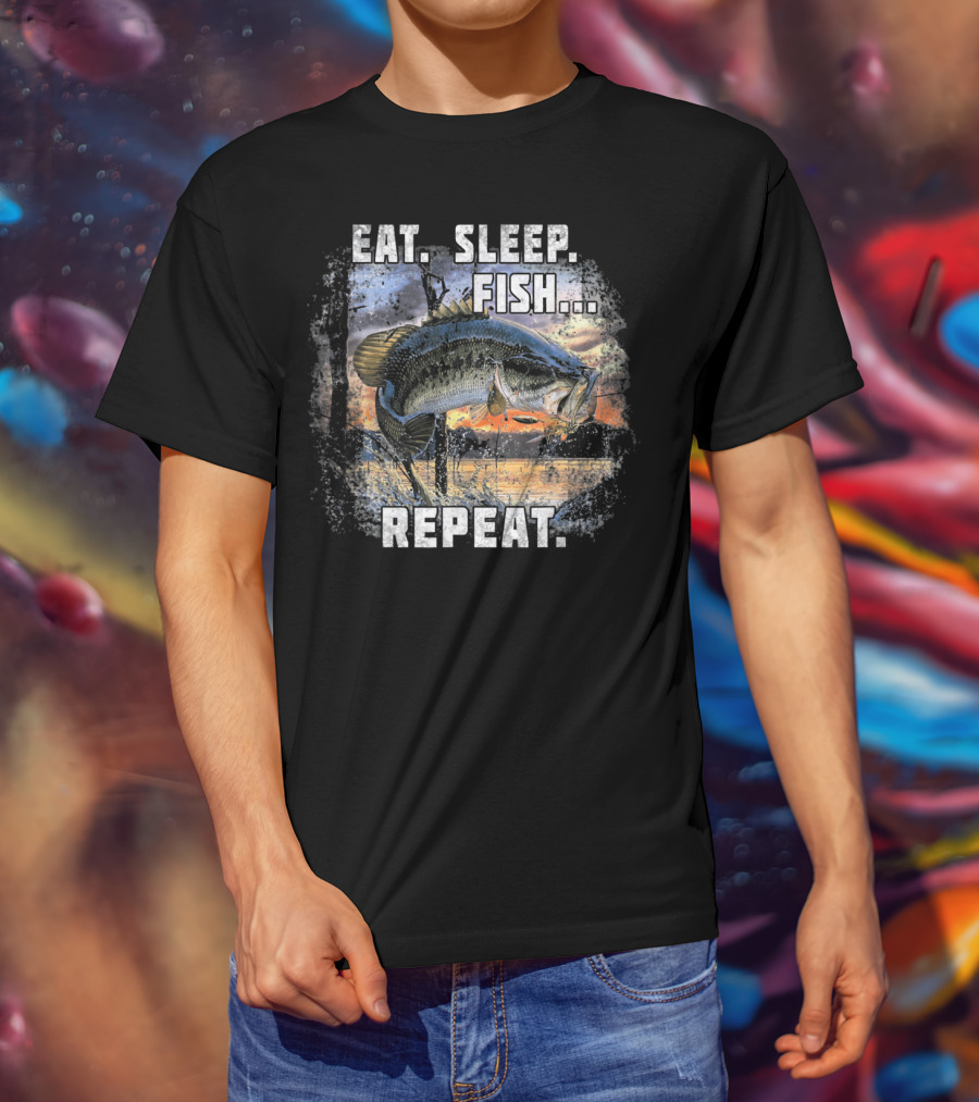 Eat Sleep Fish Repeat Bass Fishing Adventure Lake Sunrise T-Shirt