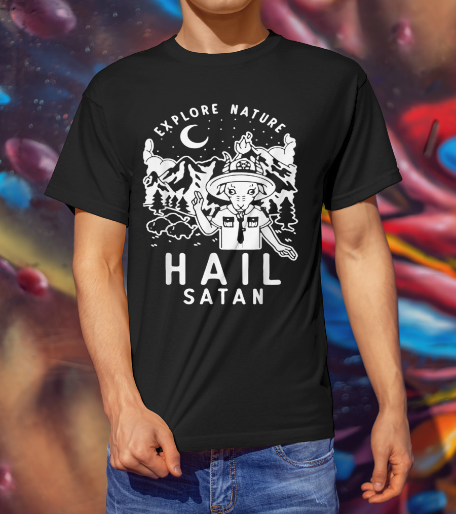 EXPLORE NATURE HAIL SATAN BAPHOMET SCOUT IN MOUNTAIN LANDSCAPE WITH NIGHT SKY T-Shirt