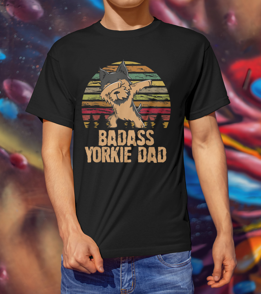 Badass Yorkie Dad Dabbing Vintage Sunset T-Shirt