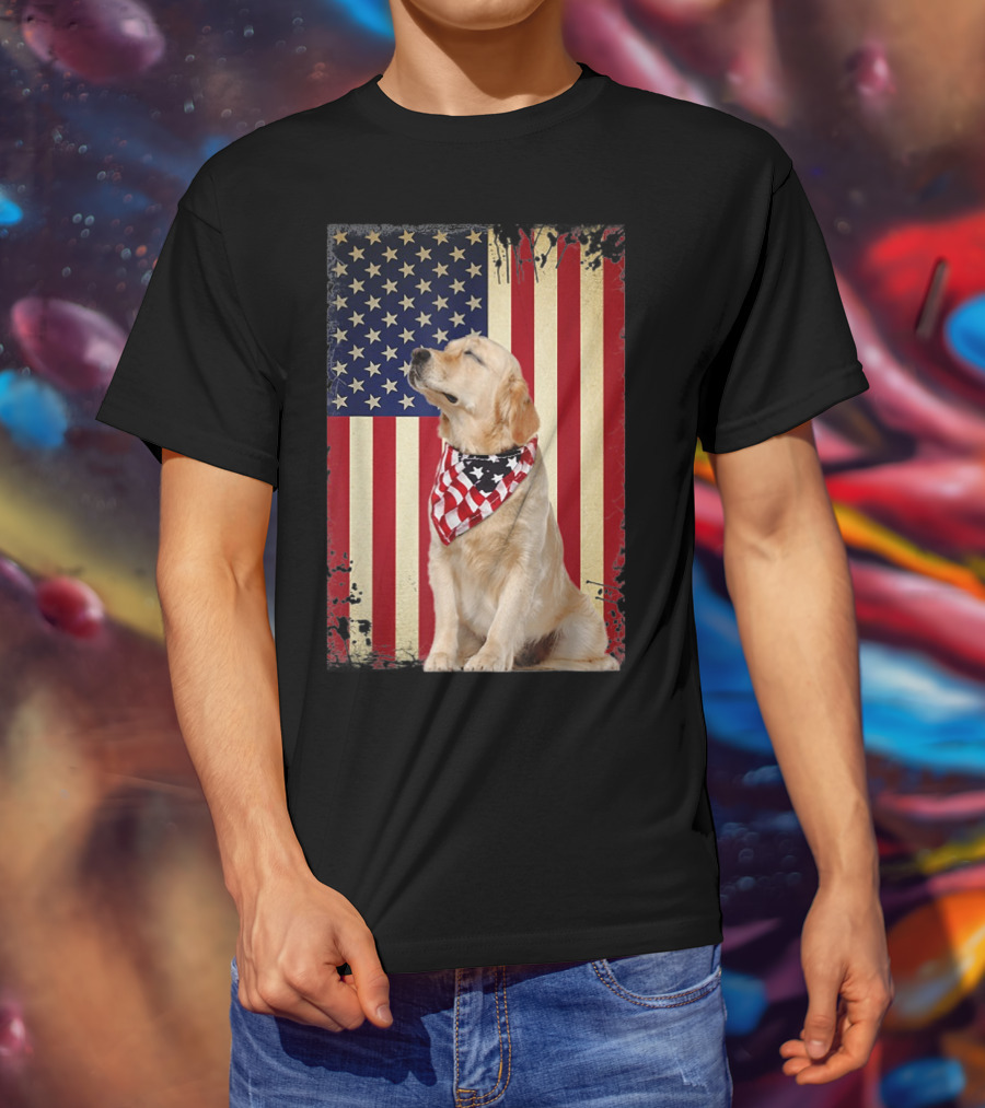Golden Retriever Smiling American Flag Bandana T-Shirt