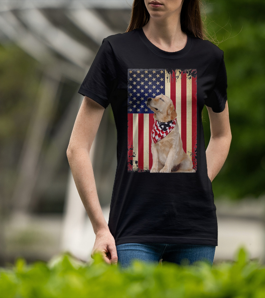 Golden Retriever Smiling American Flag Bandana T-Shirt