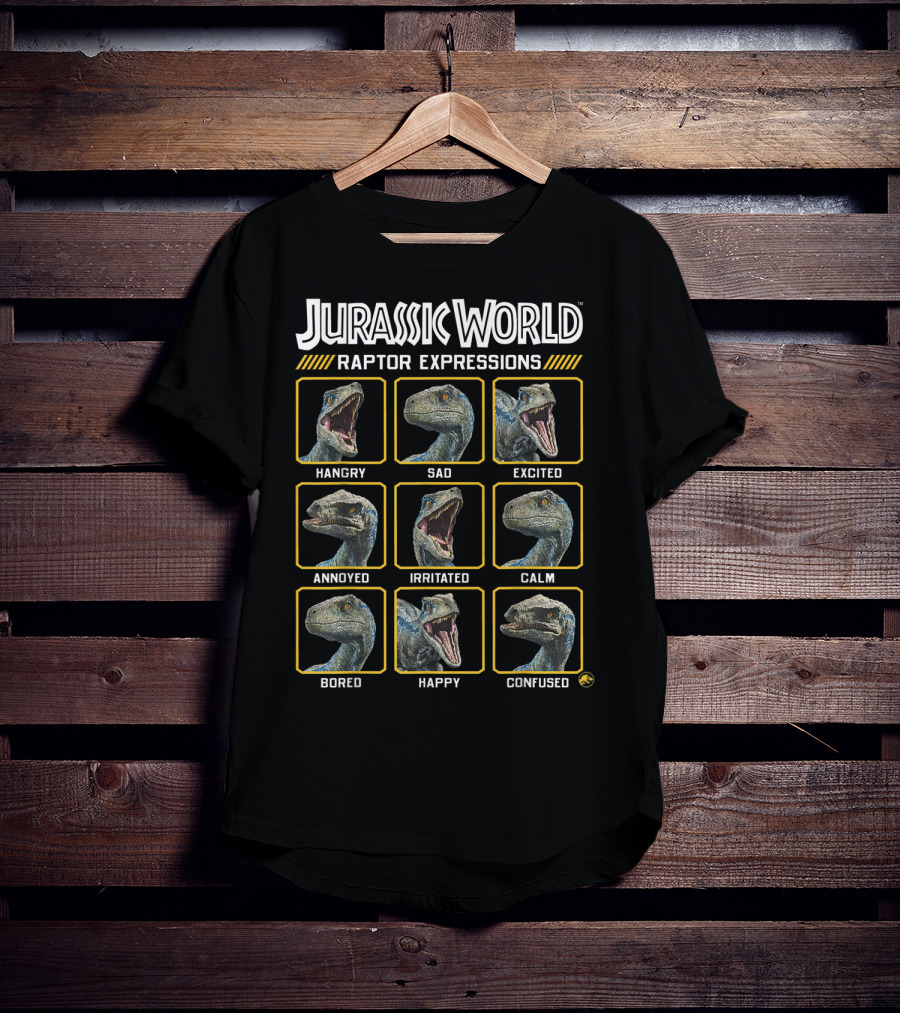 Jurassic World Raptor Expressions Hangry Sad Excited Annoyed Irritated Calm Bored Happy Confused T-Shirt