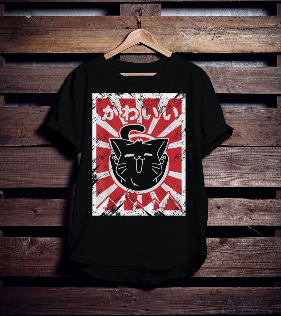 Kawaii Anime Cute Japanese Cat With Red Rising Sun Background T-Shirt