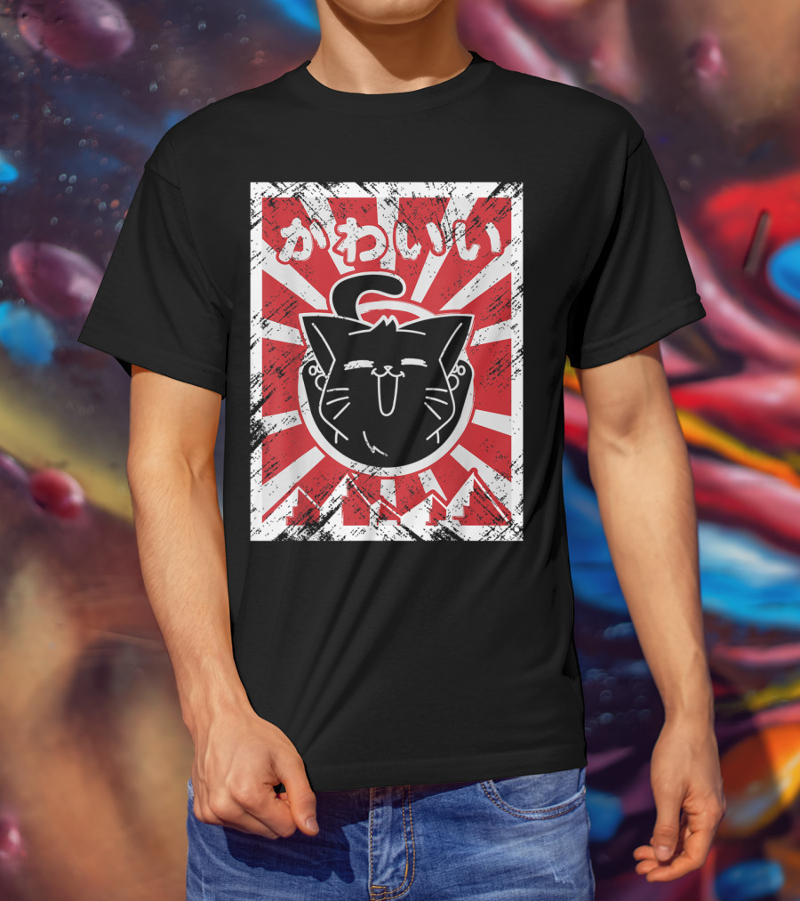 Kawaii Anime Cute Japanese Cat With Red Rising Sun Background T-Shirt