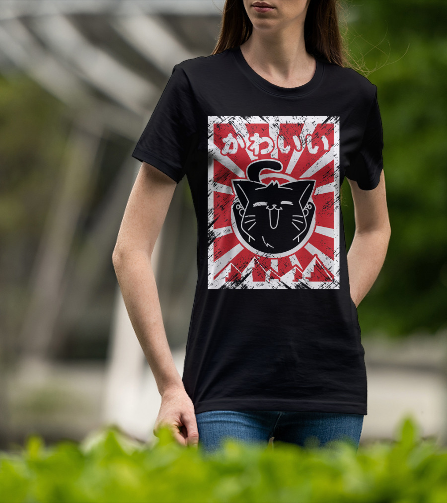 Kawaii Anime Cute Japanese Cat With Red Rising Sun Background T-Shirt