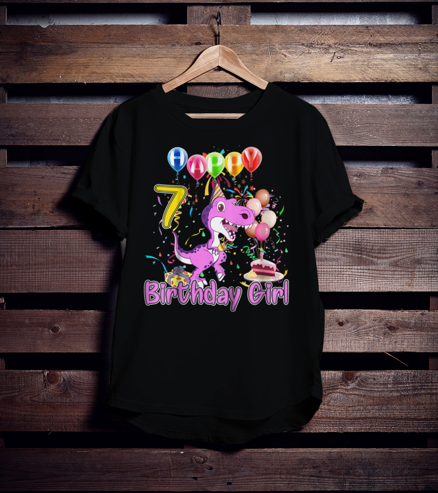 Happy 7 Birthday Girl Dinosaur Party Balloons Cake T-Shirt
