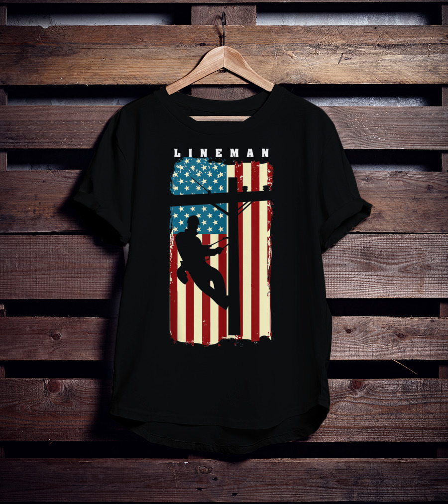 Lineman Silhouette Against American Flag Background With Electric Cable Pole T-Shirt