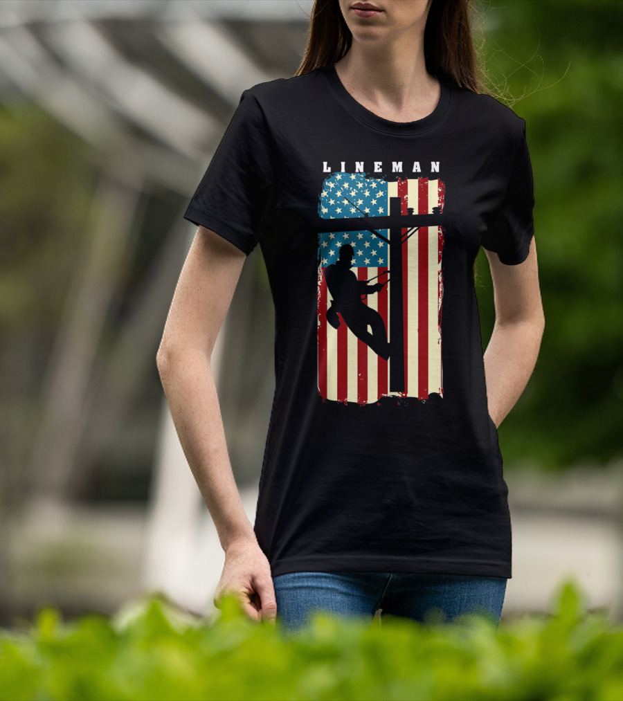 Lineman Silhouette Against American Flag Background With Electric Cable Pole T-Shirt