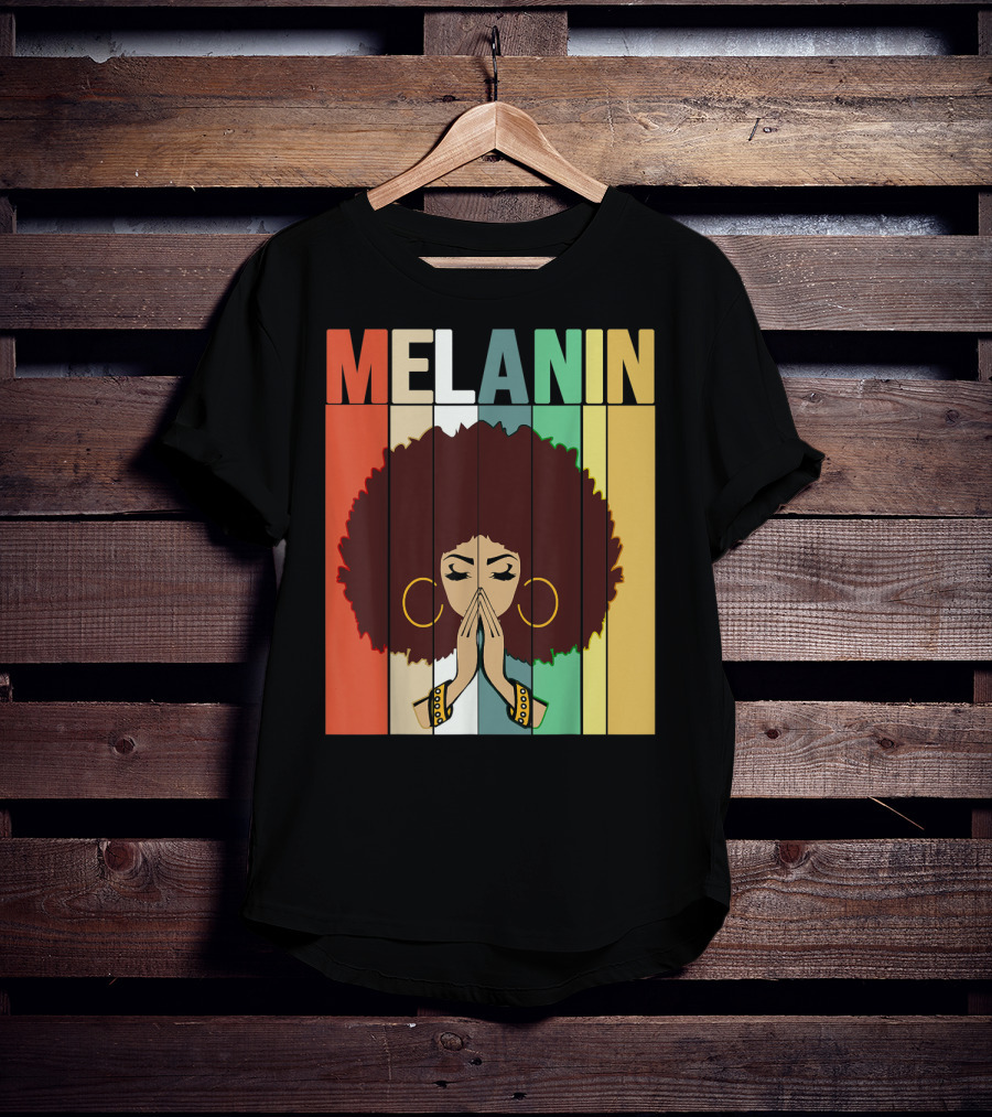 Melanin Vintage Black Afro Woman Prayer Hands Golden Hoop Earrings T-Shirt