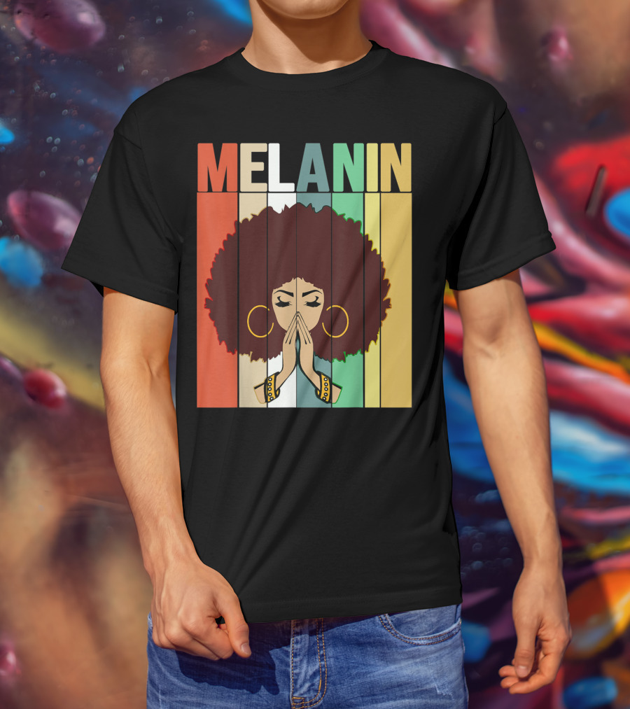 Melanin Vintage Black Afro Woman Prayer Hands Golden Hoop Earrings T-Shirt