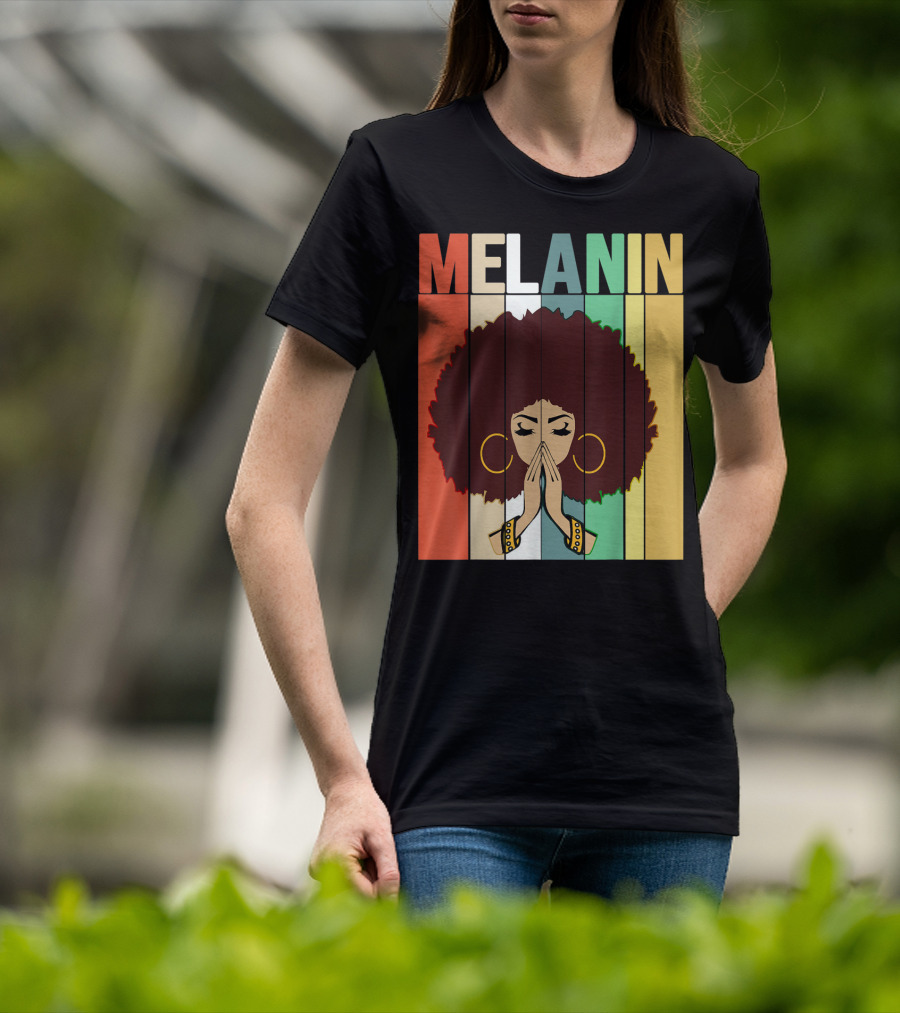 Melanin Vintage Black Afro Woman Prayer Hands Golden Hoop Earrings T-Shirt