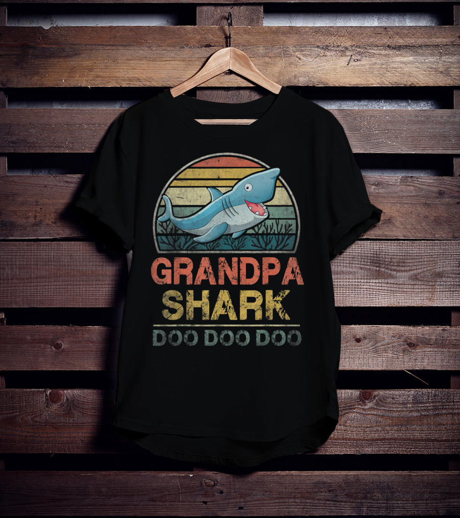 Grandpa Shark Doo Doo Doo Father's Day Retro Sunset Ocean T-Shirt