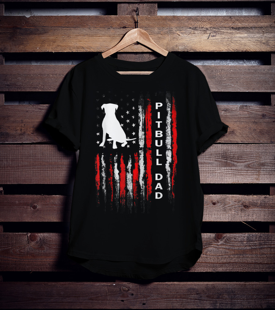 Mens Pitbull Dad American Flag Bully Dog T-Shirt