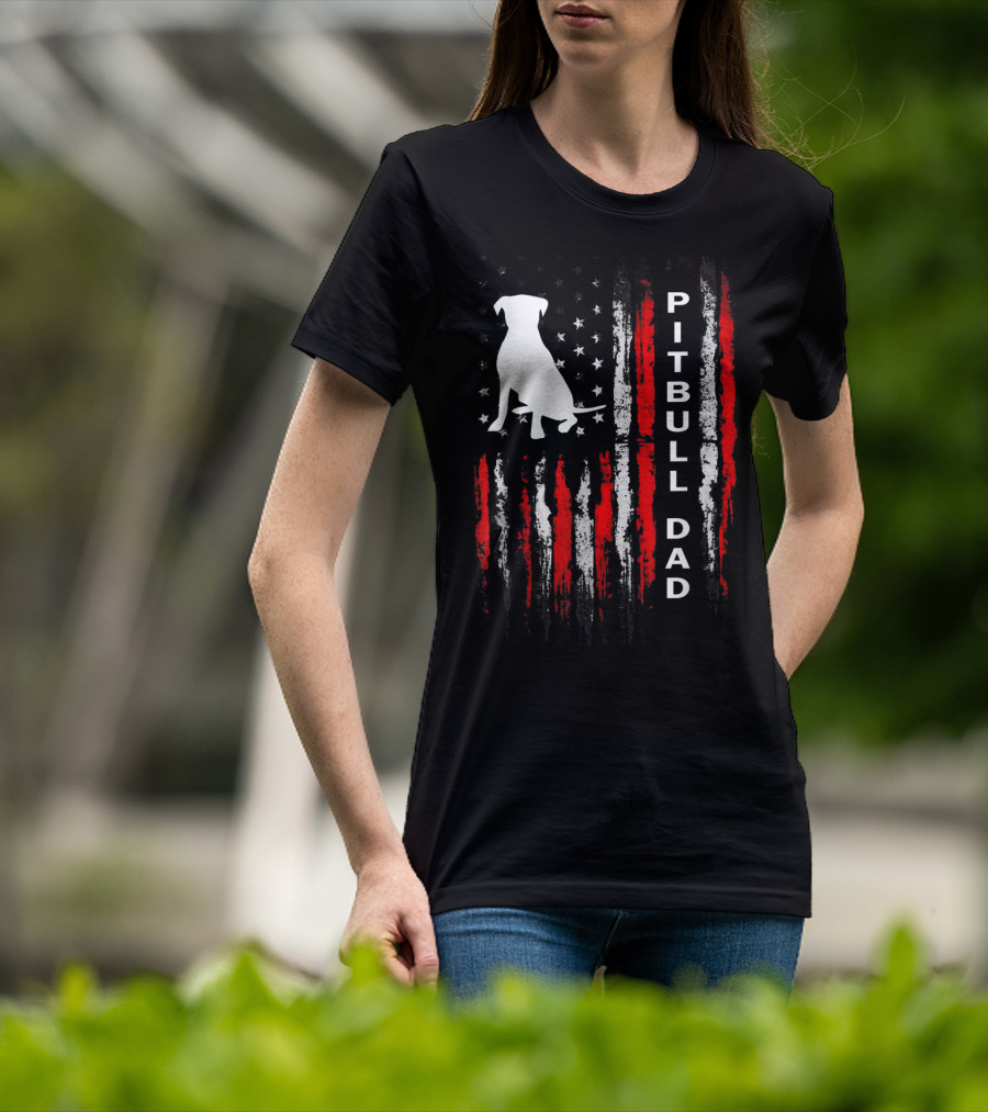 Mens Pitbull Dad American Flag Bully Dog T-Shirt