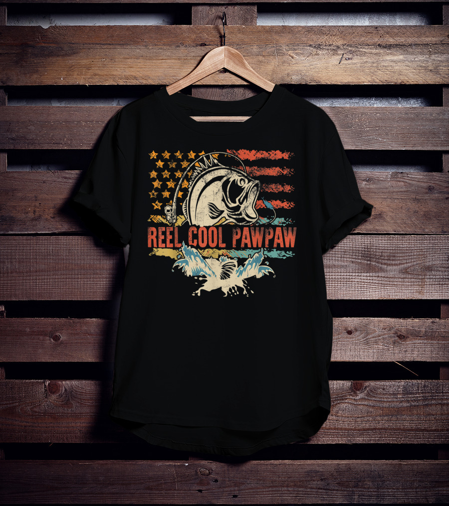 Reel Cool PawPaw Funny Fishing American Flag Bass T-Shirt