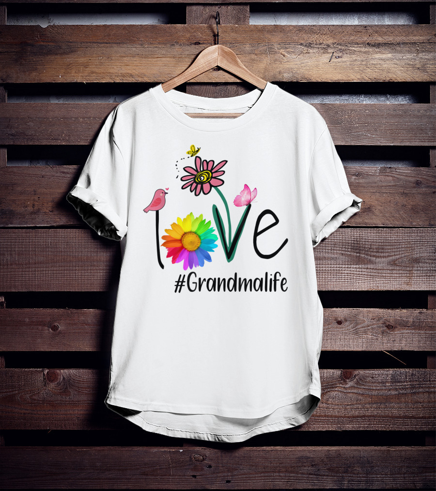 Love #Grandmalife Rainbow Heart Floral Bird Butterfly T-Shirt