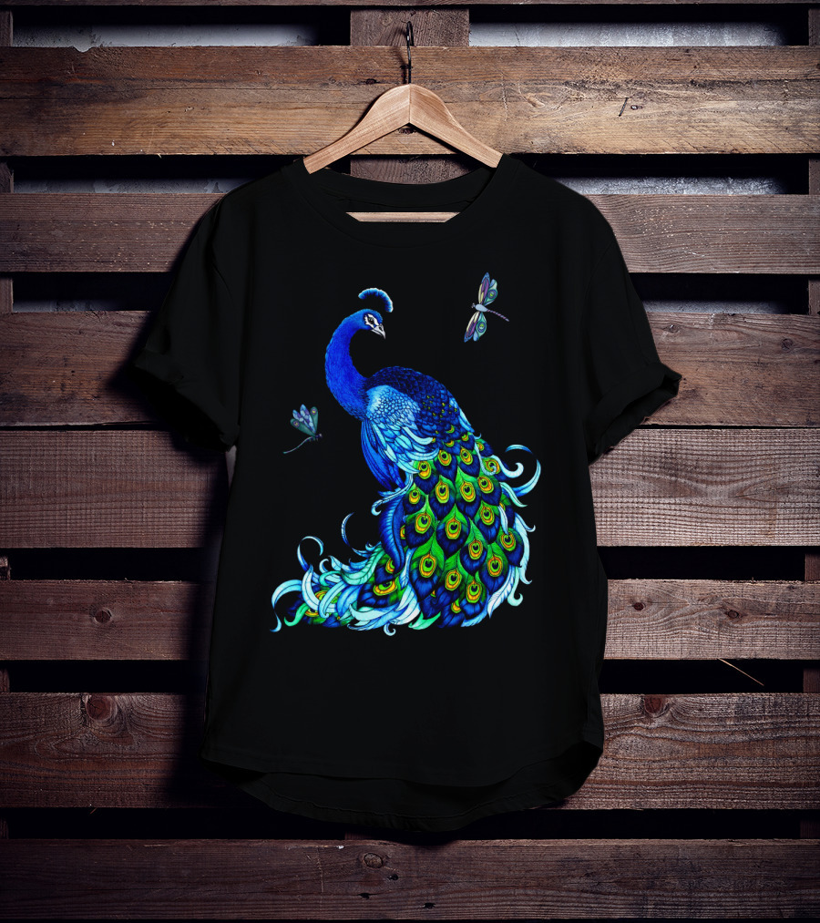 Peacock Elegance With Vibrant Dragonflies T-Shirt
