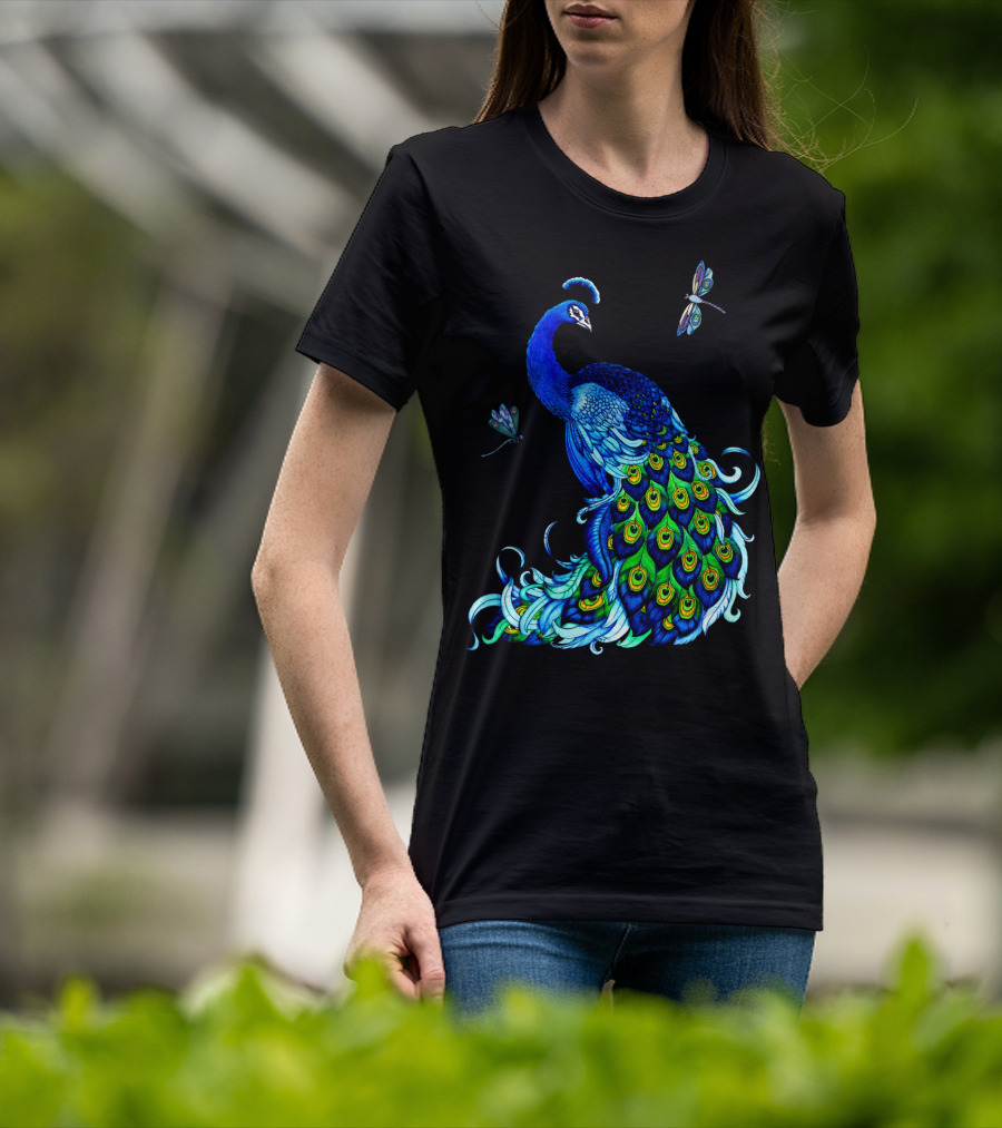 Peacock Elegance With Vibrant Dragonflies T-Shirt