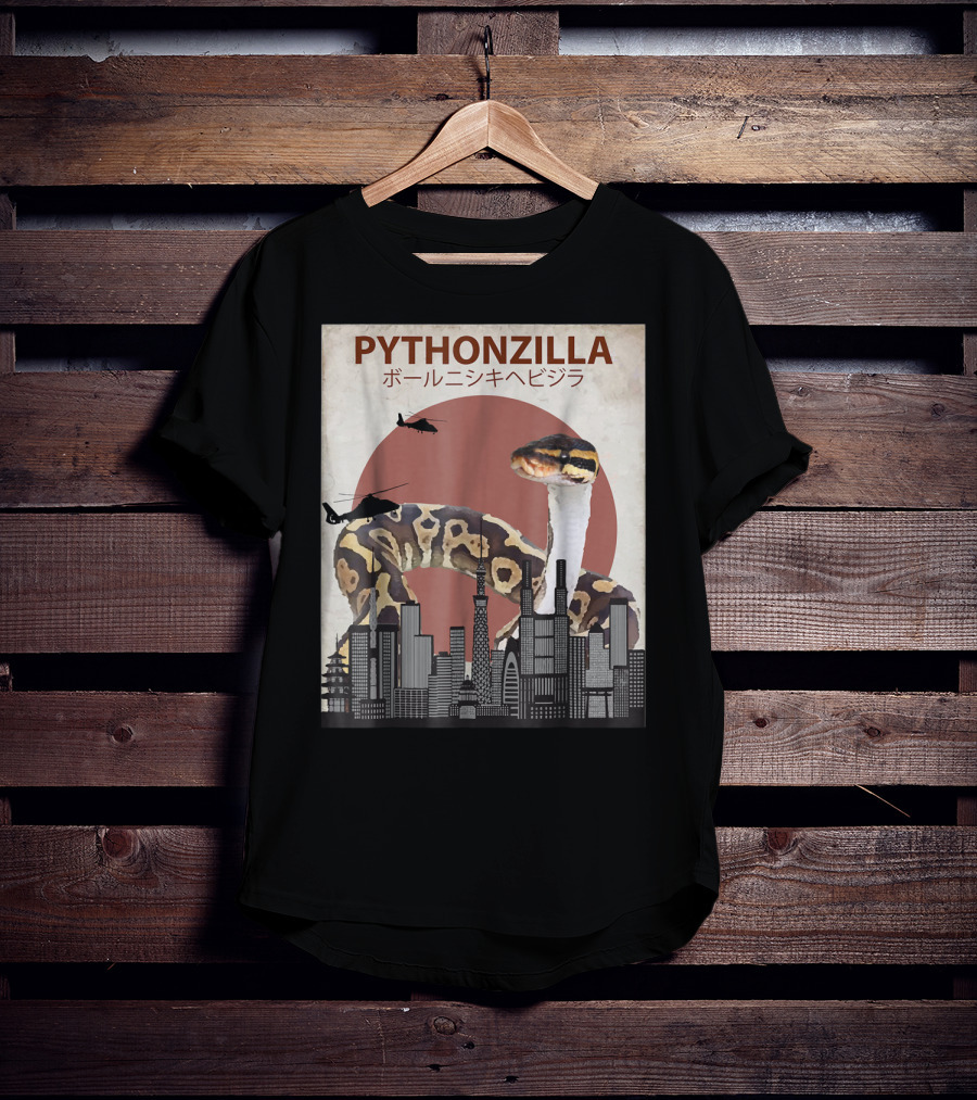 Pythonzilla Ball Python Funny Snake Skyline Helicopter Japanese Text T-Shirt
