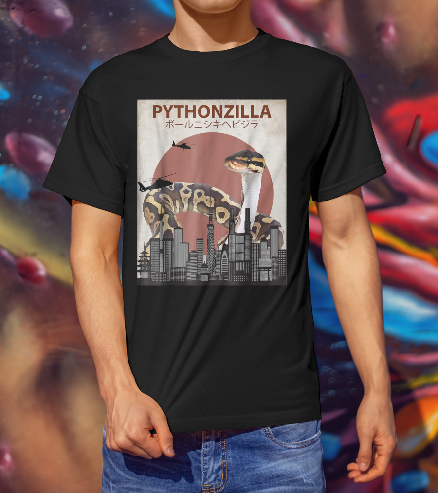 Pythonzilla Ball Python Funny Snake Skyline Helicopter Japanese Text T-Shirt
