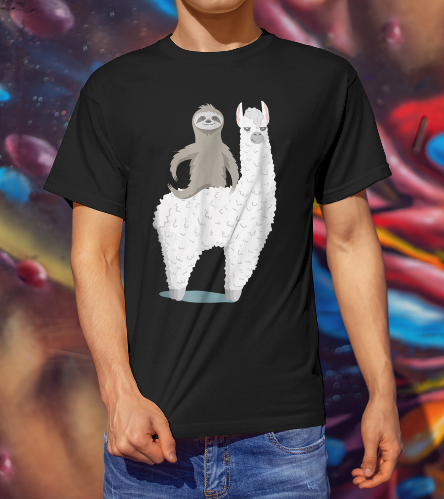 Sloth Joyfully Riding A White Llama T-Shirt