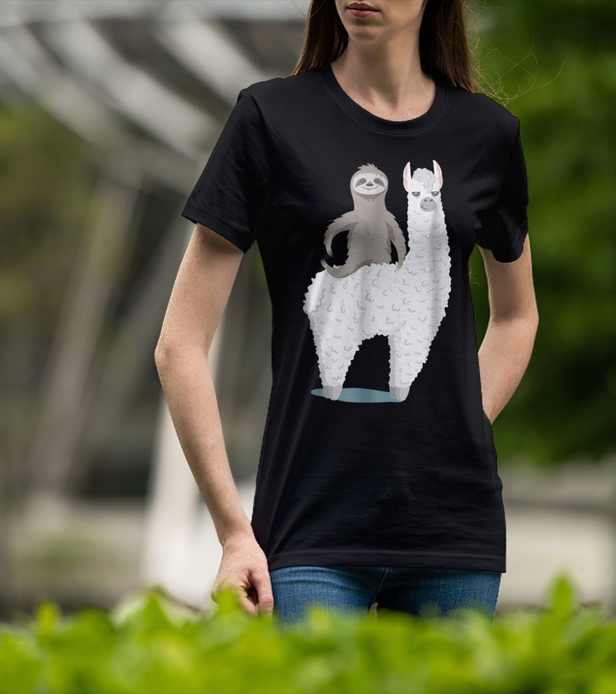Sloth Joyfully Riding A White Llama T-Shirt
