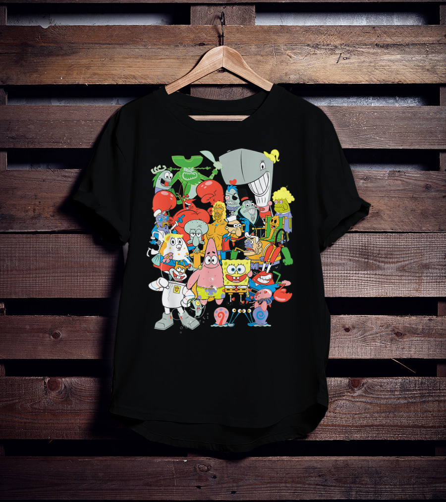 SpongeBob SquarePants Character Collage Featuring Patrick, Squidward, Sandy, Mr. Krabs, Plankton, And More T-Shirt