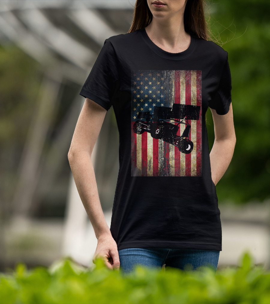 Distressed American Flag With Sprint Car Racing T-Shirt