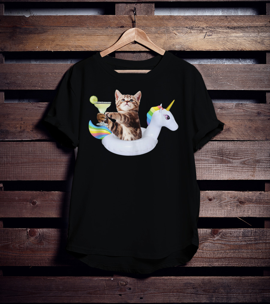 Kitty With Margarita On Rainbow Unicorn Float T-Shirt
