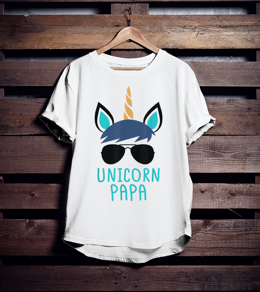Unicorn Papa Sunglasses Blue Mane Horn Ears T-Shirt