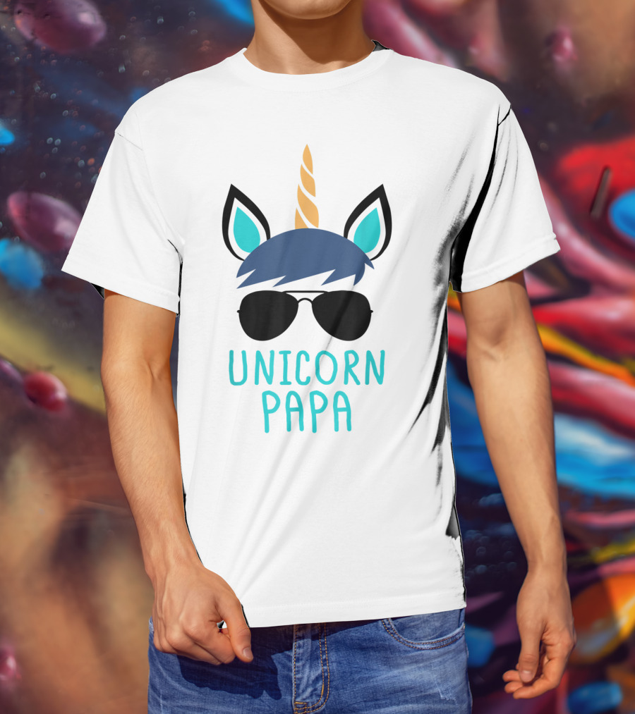 Unicorn Papa Sunglasses Blue Mane Horn Ears T-Shirt