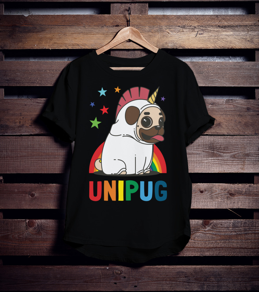 UNIPUG Rainbow Unicorn Pug Dog With Stars T-Shirt