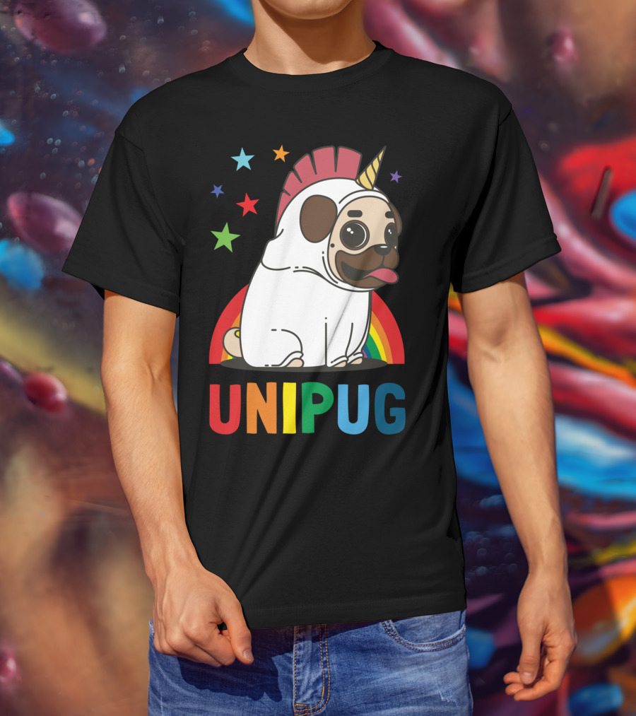 UNIPUG Rainbow Unicorn Pug Dog With Stars T-Shirt