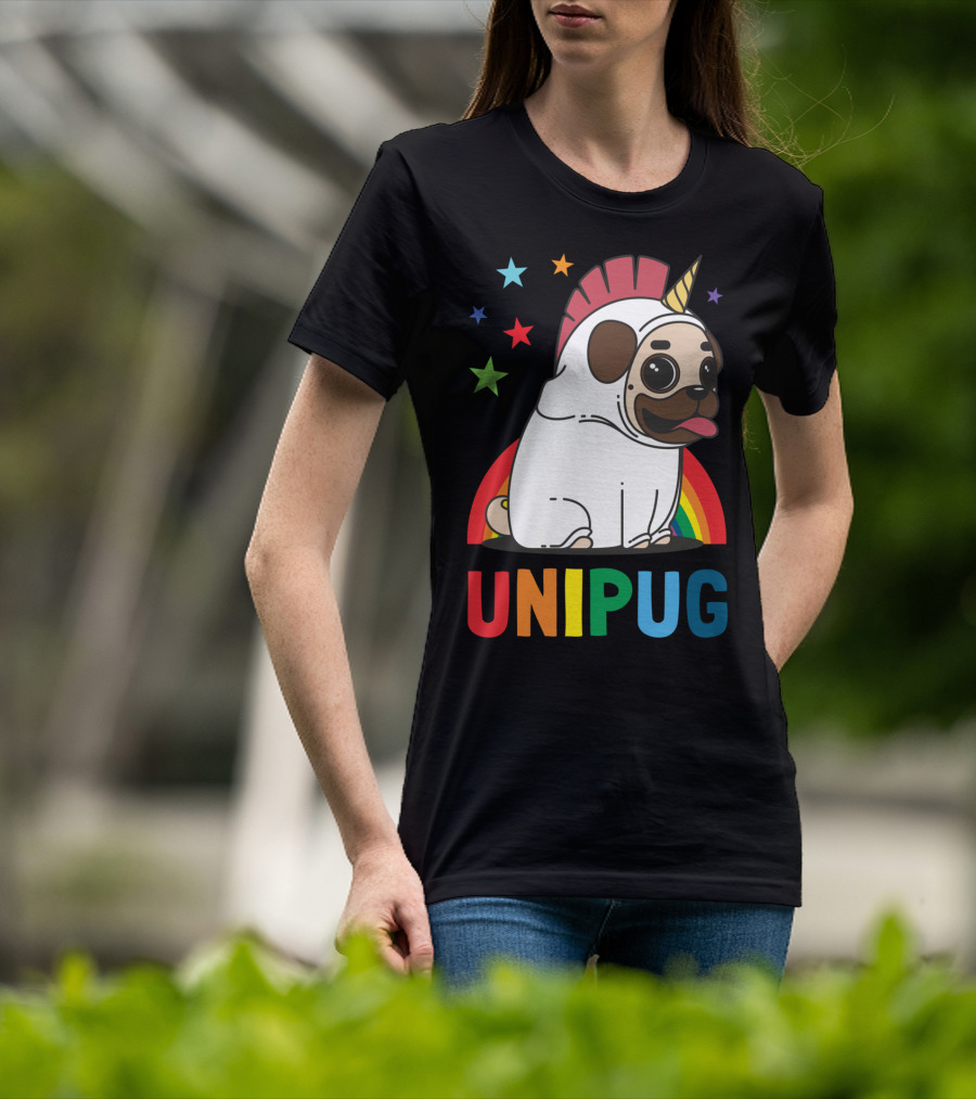 UNIPUG Rainbow Unicorn Pug Dog With Stars T-Shirt