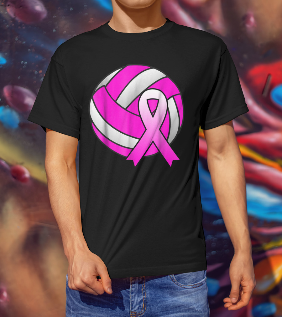 Volleyball Pink Ribbon Breast Cancer Awareness Symbol On Ball T-Shirt