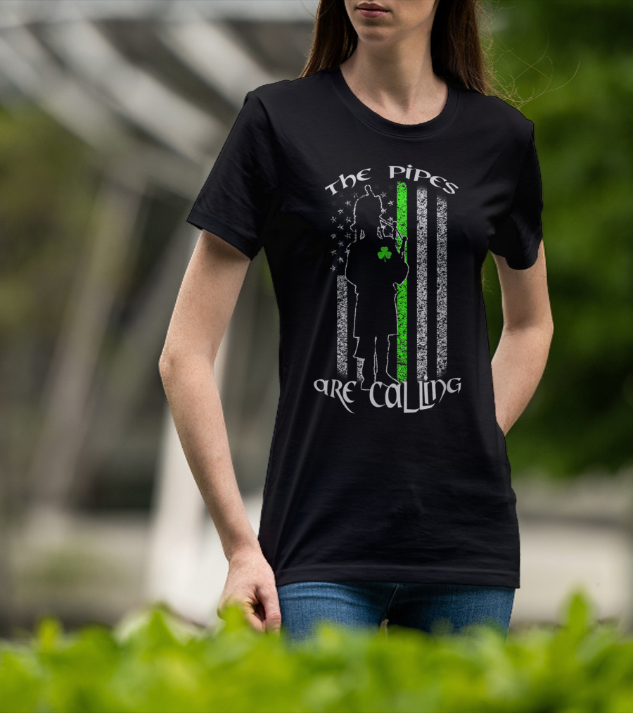 The Pipes Are Calling Saint Patrick's Day Bagpipe Silhouette And Shamrock Flag T-Shirt