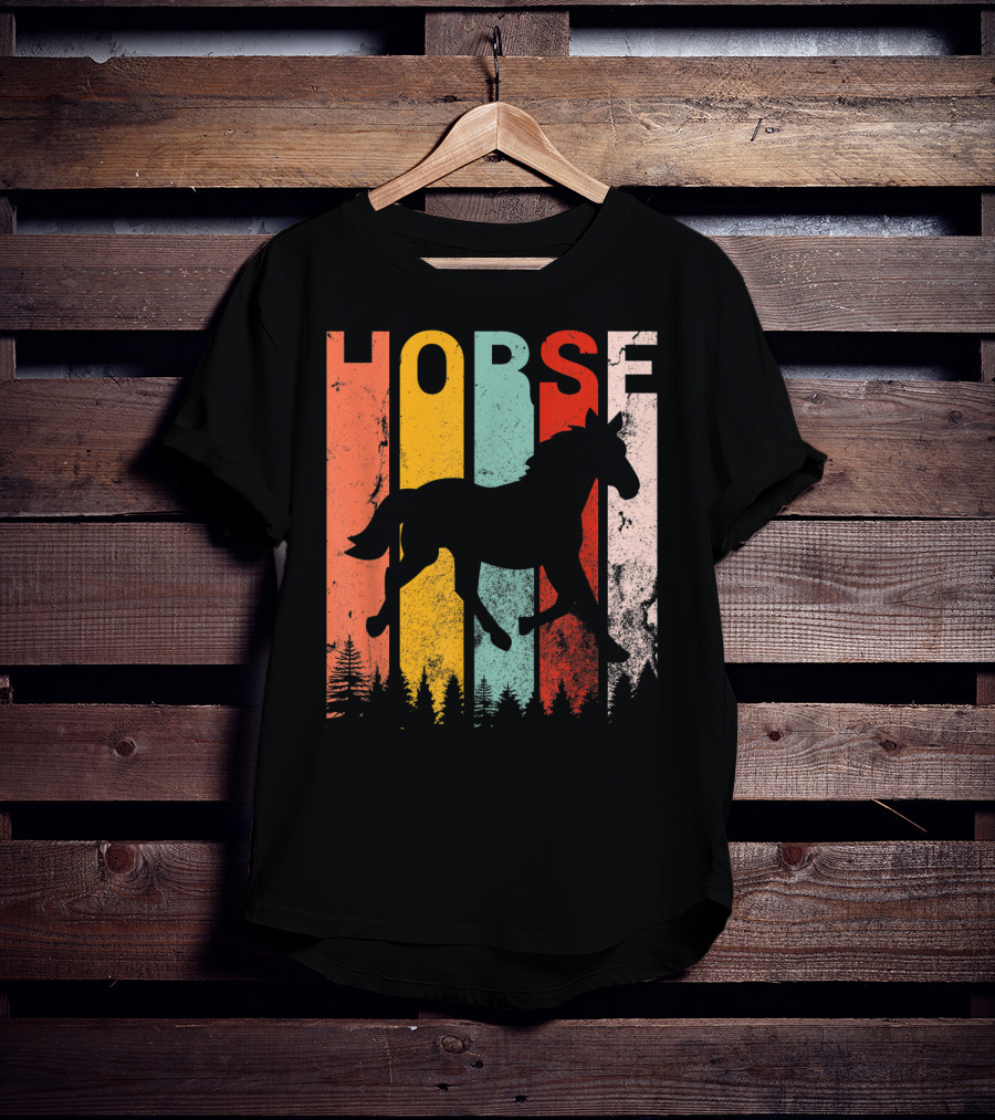 Vintage Style Horse Lover Silhouette With Colorful Stripes And Forest T-Shirt