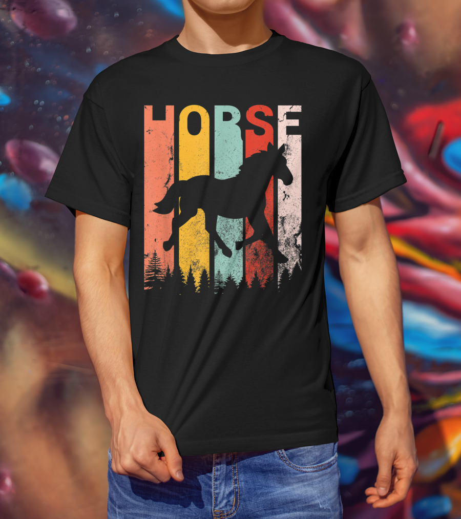 Vintage Style Horse Lover Silhouette With Colorful Stripes And Forest T-Shirt